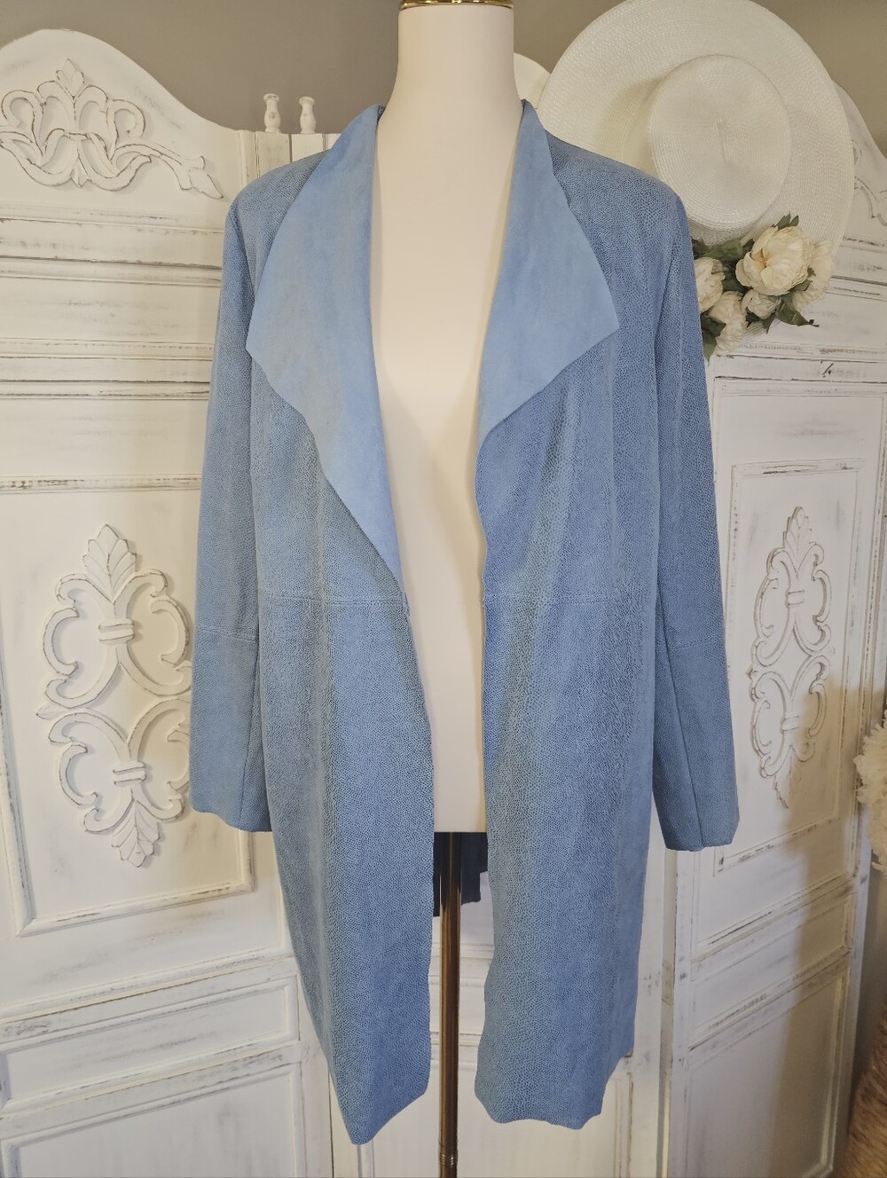 Chico's Powder Blue Snake Print Faux Suede Open Front Drape Jacket Cardigan